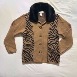 Vintage 90s Tiger Print Boiled Wool Jacket Detachable Faux Fur Collar Mob Wife S